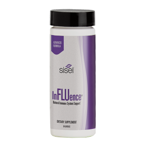 A bottle of Sisel's InFLUence®, a natural immune system support supplement, highlighting its role in promoting overall health through wellness supplements.