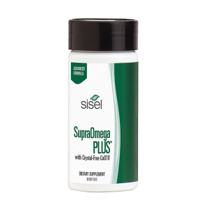  The image showcases a bottle of Sisel's SupraOmega PLUS, a wellness supplement with crystal-free CoQ10 for enhanced cardiovascular health. This product is a great example of 5 reasons to take supplements to support overall well-being and heart health.