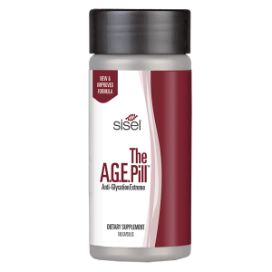 The image shows a bottle of Sisel's A.G.E. Pill, an anti-glycation supplement designed to combat the effects of aging. When considering the pros and cons of supplements, this product highlights the potential benefits of targeting advanced glycation end-products to support youthful vitality.