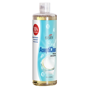 Image of Sisel International's AseptiClean™ Dish Soap, a biodegradable, non-toxic cleaning solution designed to safely and effectively clean dishes without harsh chemicals. The product features the SiselSafe® label, emphasizing its commitment to health and environmental safety.
