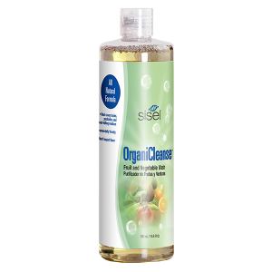 Image of Sisel International's OrganiCleanse™ Fruit and Vegetable Wash, an all-natural formula designed to remove pesticides, wax, and contaminants from produce. This environmentally friendly product is part of Sisel’s non-toxic home care line, promoting safe and healthy eating habits.