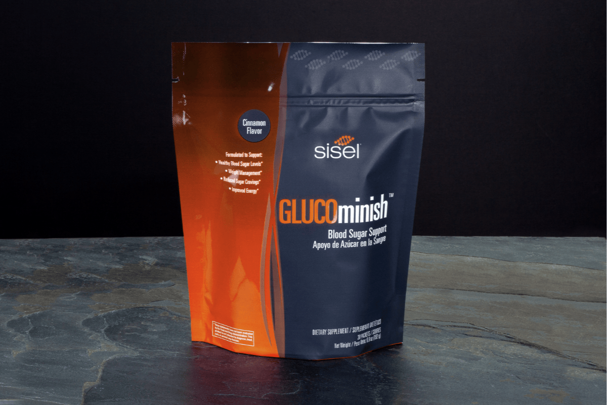Sisel GLUCOminish™ Blood Sugar Support supplement in Cinnamon flavor, formulated to promote healthy blood sugar levels, reduce sugar cravings, and enhance energy and weight management.