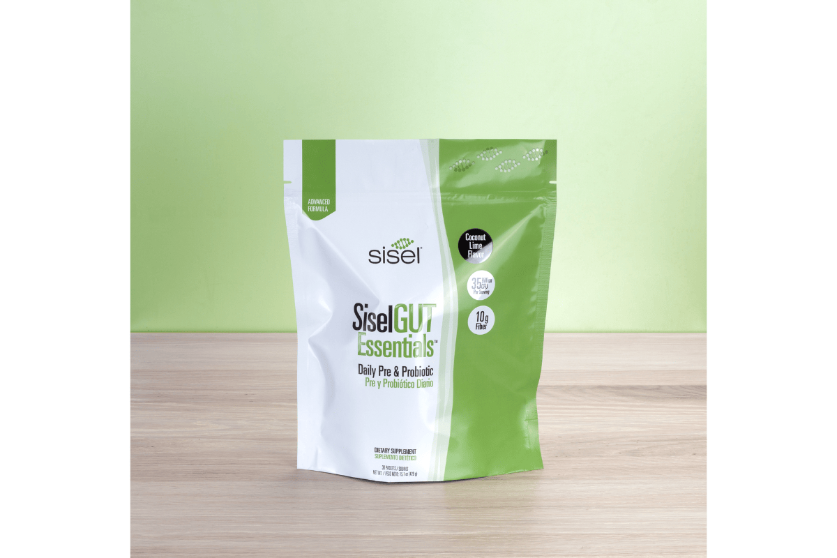 SiselGUT Essentials Daily Pre & Probiotic supplement in Coconut Lime flavor, featuring 35 billion CFUs and 10 grams of fiber per serving, designed to support a balanced microbiome, improve digestion, and boost immune health.